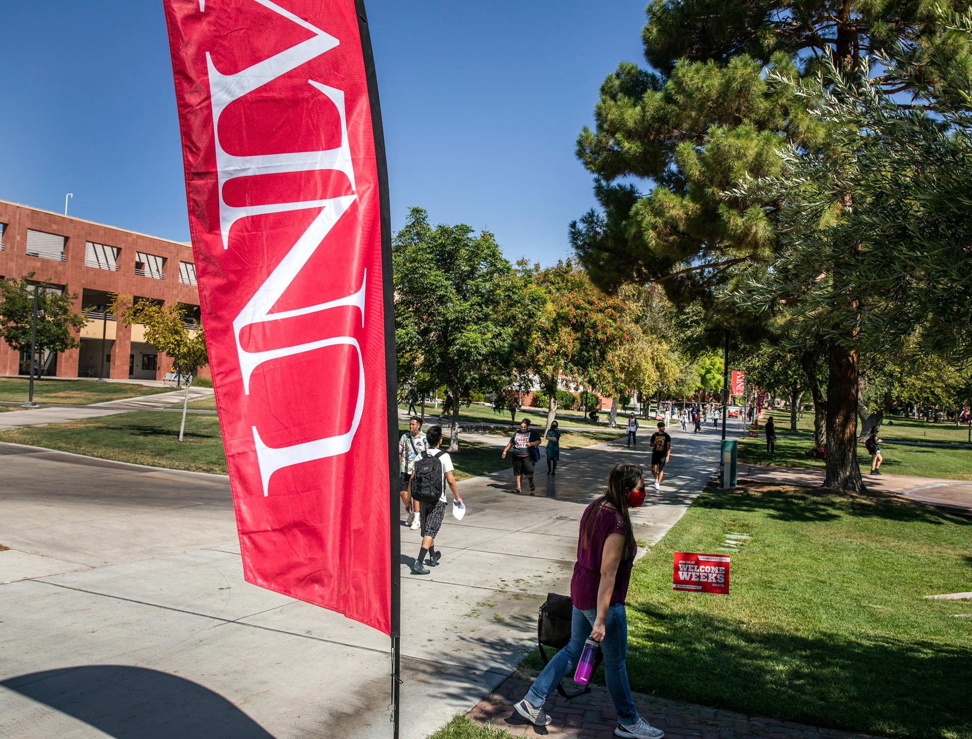 UNLV students walk the campus during the the first day of school on Aug. 23, 2021.